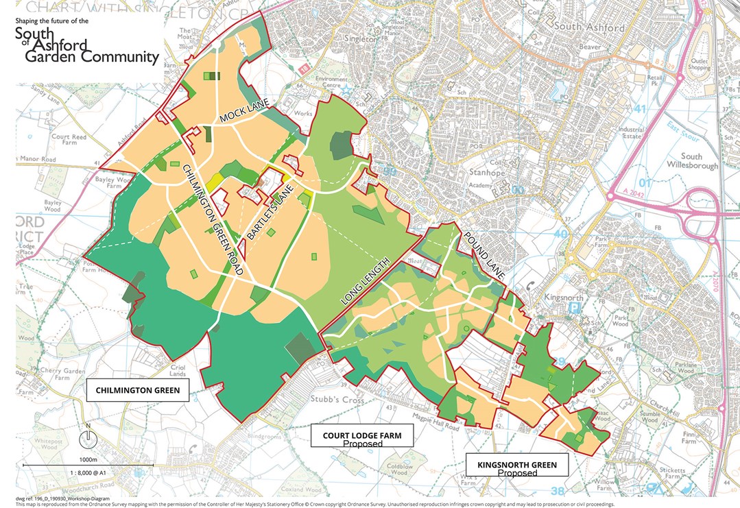 A map showing the proposed South of Ashford Garden Community development