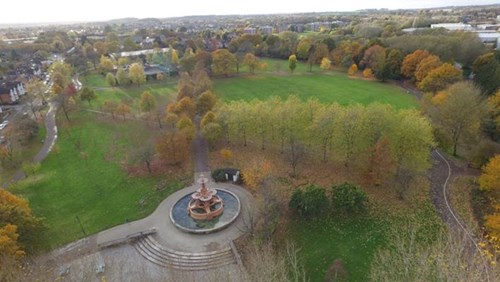 Drone aerial photograph of Victoria Park with the Hubert fountain in the foreground