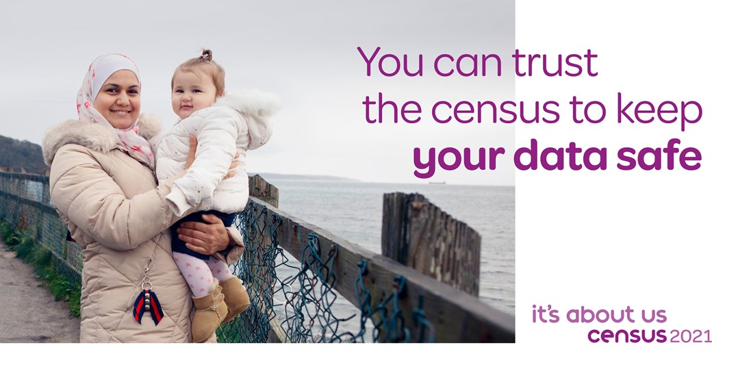 Census banner that reads: You can trust the census to keep your data safe. It's about us Census 2021
