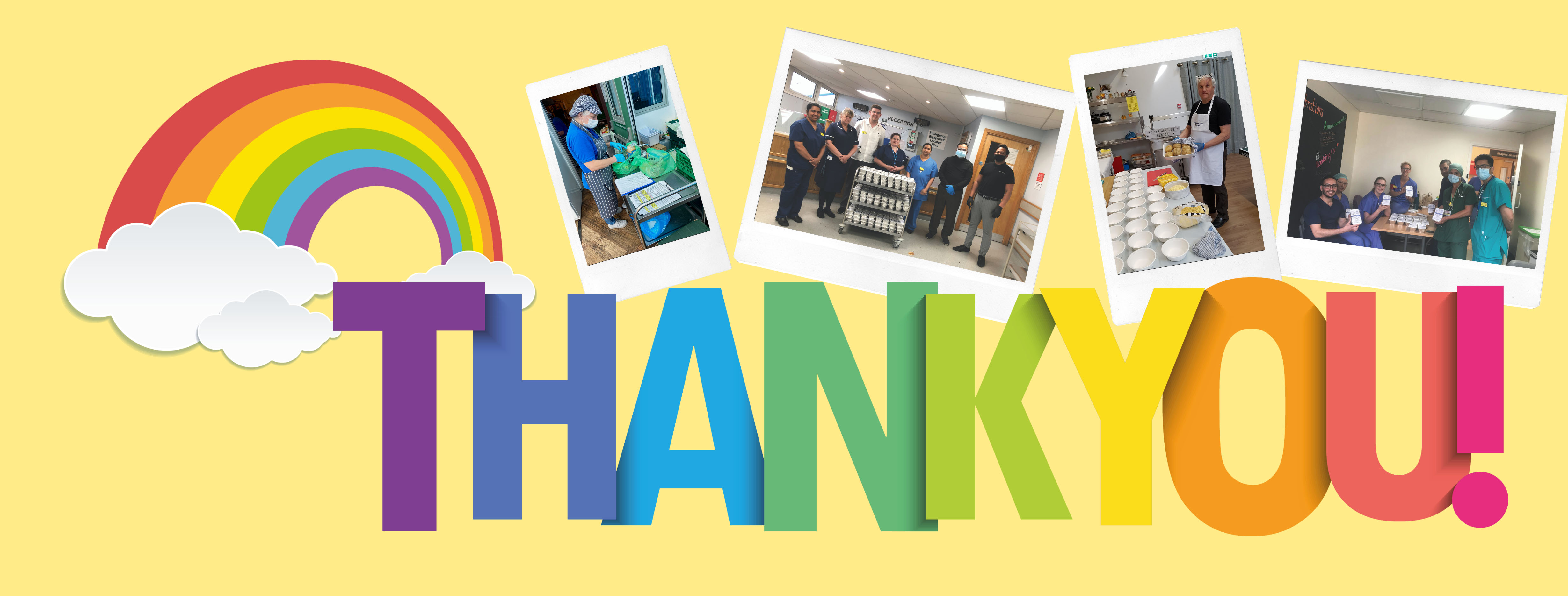 A thank you banner with images of volunteers and a rainbow