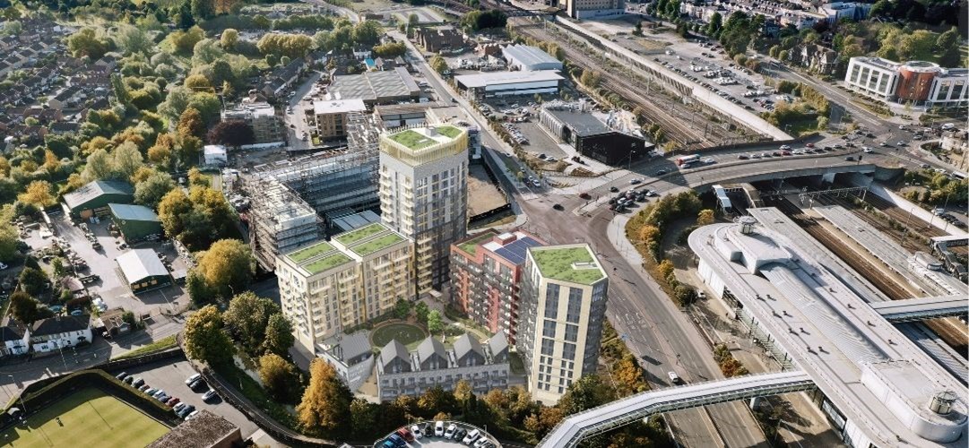 An aerial CGI view of the Infinity Ashford development on Beaver Road in Ashford