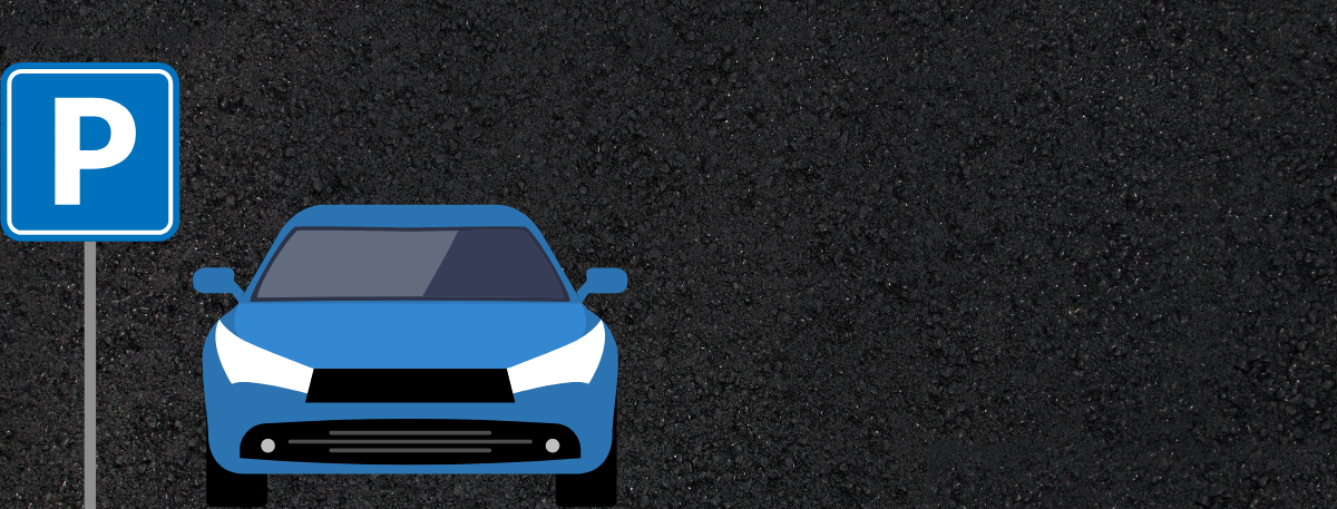 Black tarmac background with graphic of parking sign and blue car