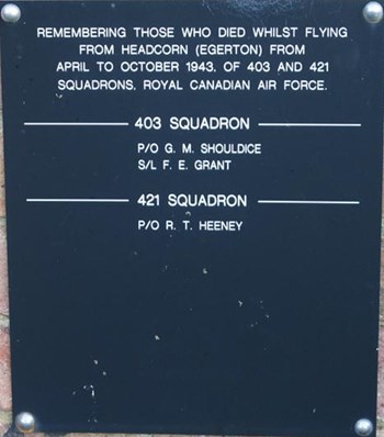 Plaque at RAF Headcorn War Memorial naming members of the Air Force who died whilst flying from Headcorn from April to October 1943.