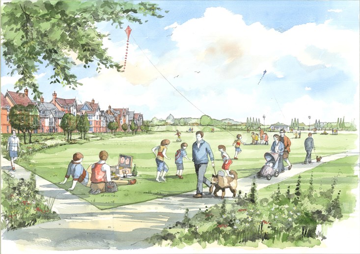 Artist impression of how the new Queen's Platinum Jubilee Park will look as part of the wider South of Ashford Garden Community project