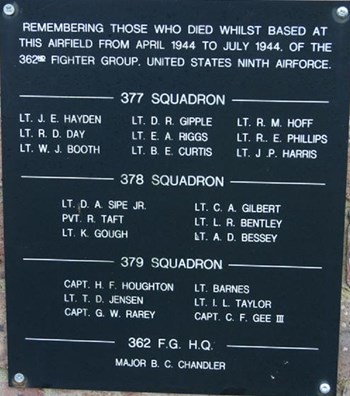 Plaque at RAF Headcorn showing the names of Air Force members who died whilst based at the airfield between April-July 1944