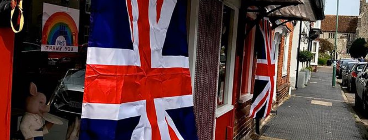 Union Jack banner decorating a shop in Ashford 