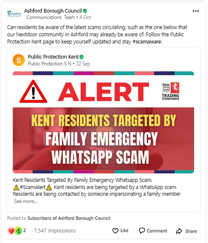Example of a Whatsapp scam promoted on Ashford Borough Council's social media