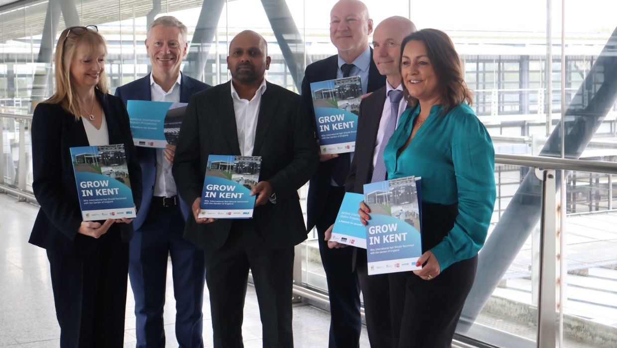 From L-R Wendy Spinks, COO London St Pancras Highspeed, Robert Sinclair, CEO London St Pancras Highspeed, Sojan Joseph MP for Ashford, Cllr Linden Kemkaran Leader of KCC, Cllr Noel Ovenden Leader of ABC, Jim Dickson MP for Dartford tile