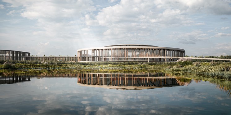 CGI showing the exterior view and lake of the Brompton HQ development in Ashford
