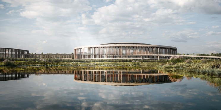 CGI showing the exterior view and lake of the Brompton HQ development in Ashford