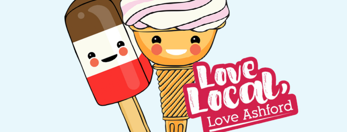 Two ice creams with faces and the words 'love local'