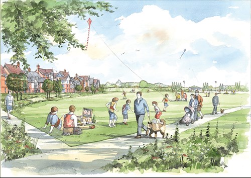 Concept drawing of Chilmington Green with a row of houses on the left and people walking through, and sitting in, a park