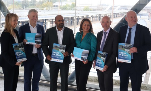 From L-R Wendy Spinks, COO London St Pancras Highspeed, Robert Sinclair, CEO London St Pancras Highspeed, Sojan Joseph MP for Ashford, Cllr Linden Kemkaran Leader of KCC, Cllr Noel Ovenden Leader of ABC, Jim Dickson MP for Dartford