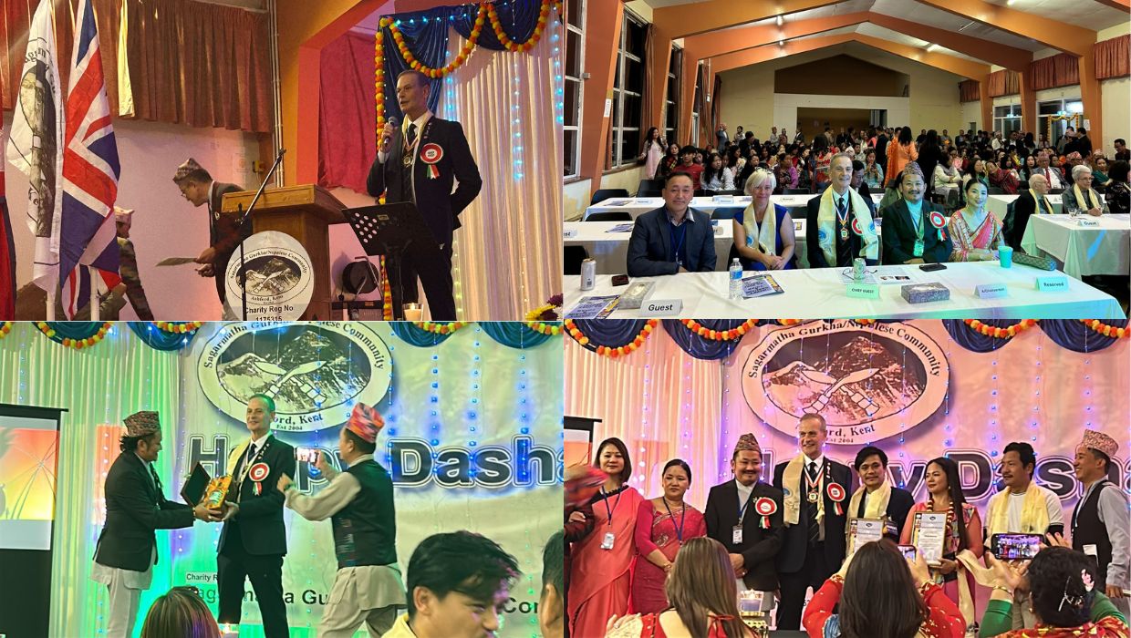 A collage of Cllr Peter Feacey attending SGNCAK's Dashain/Tihar celebration night