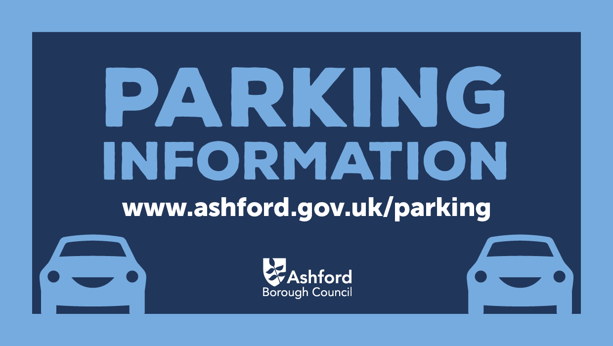 Parking information graphic with text that reads parking information and the URL www.ashford.gov.uk/parking tile