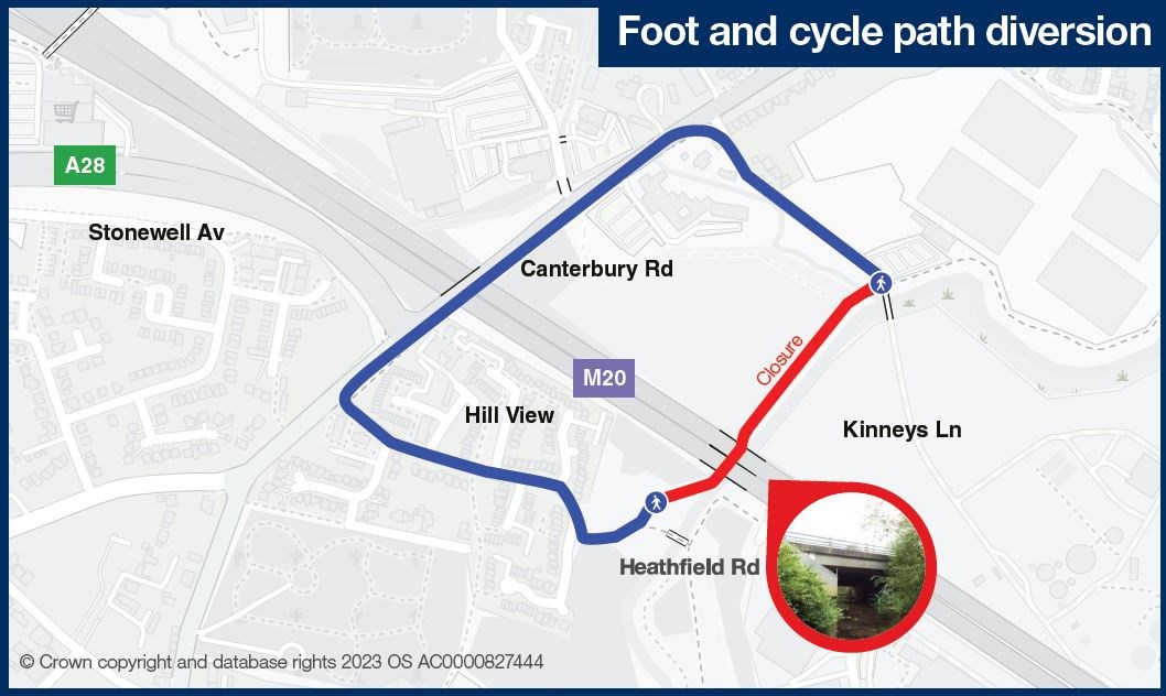 Map showing alternative foot and cycle route following temporary repairs to M20 Great Stour River Bridge