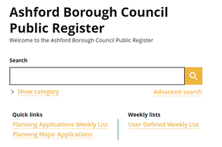 Screenshot of the homepage of the Planning Public Register