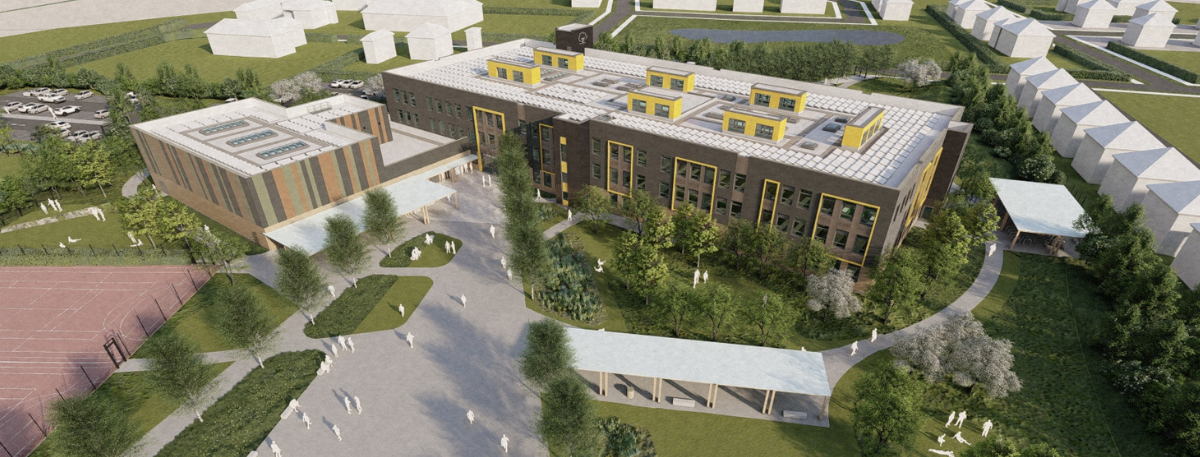Aerial south west view of proposed Chilmington Green secondary school development in Ashford