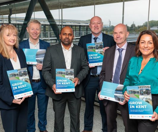 From L-R Wendy Spinks, COO London St Pancras Highspeed, Robert Sinclair, CEO London St Pancras Highspeed, Sojan Joseph MP for Ashford, Jim Dickson MP for Dartford, Cllr Noel Ovenden Leader of ABC, Cllr Linden Kemkaran Leader of KCC