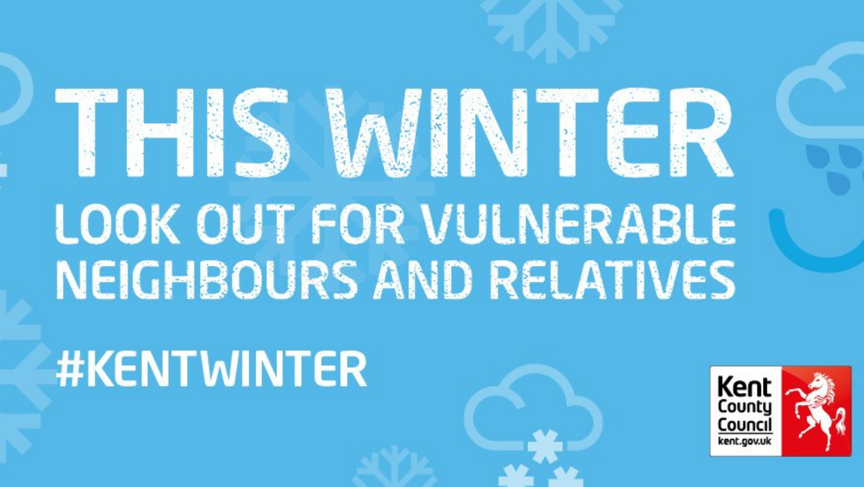 Kent County Council banner that reads This winter, look out for vulnerable neighbours and relatives tile