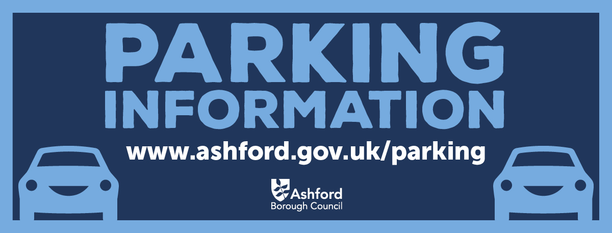 Parking information graphic with text that reads parking information and the URL www.ashford.gov.uk/parking
