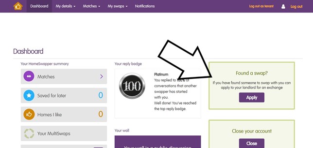 Image of Homeswapper website with an arrow pointing to the apply button, which appears on the right hand side of the page of your account dashboard.