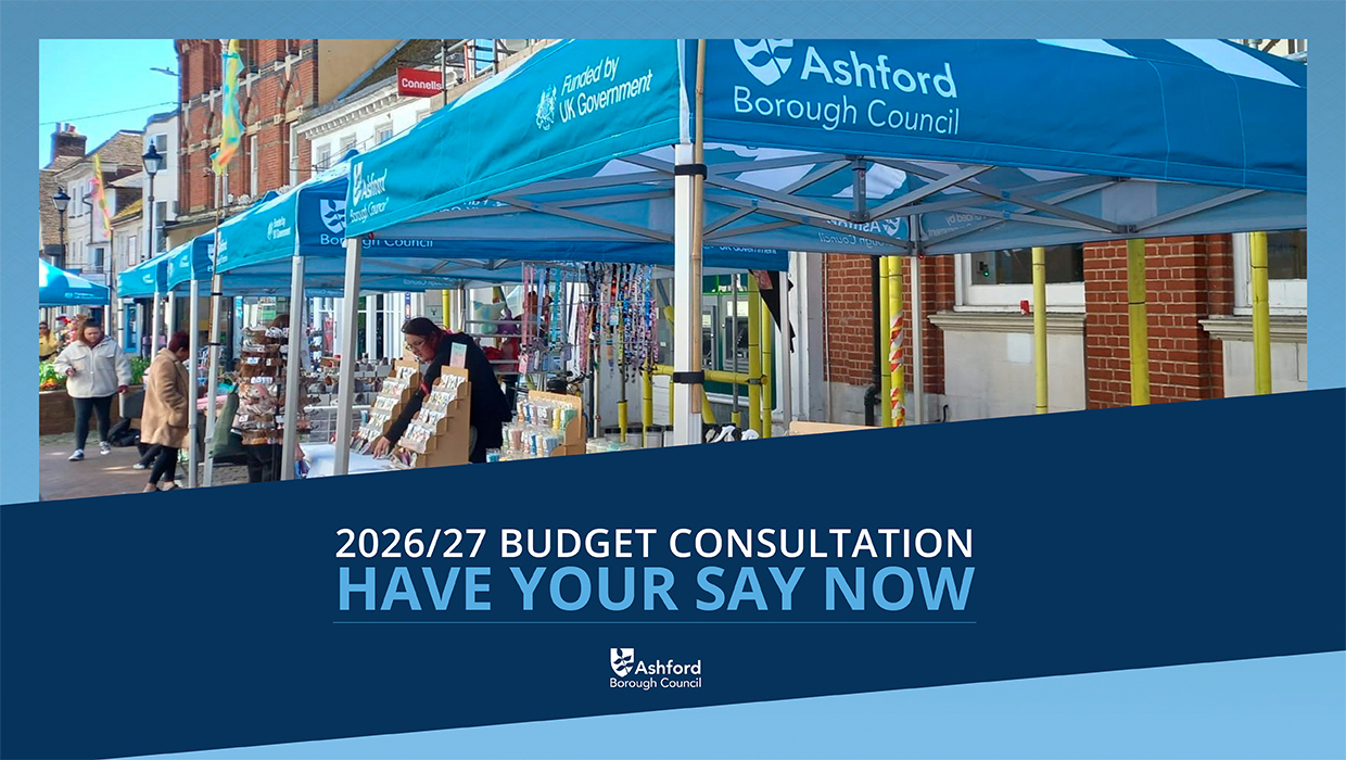2026-27 budget consultation graphic from Ashford Borough Council with text that reads: Have your say now tile