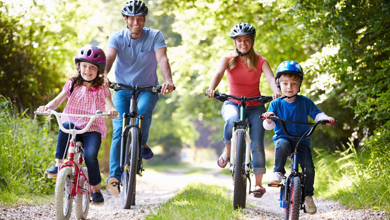 A family of four cycling