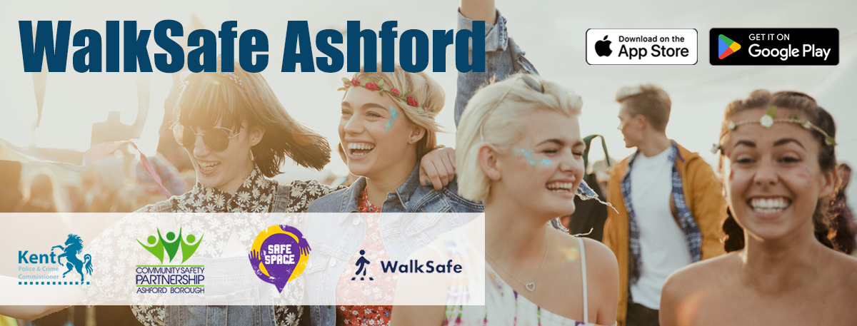 WalkSafe graphic from Ashford Borough Council with main text that reads: "WalkSafe Ashford"