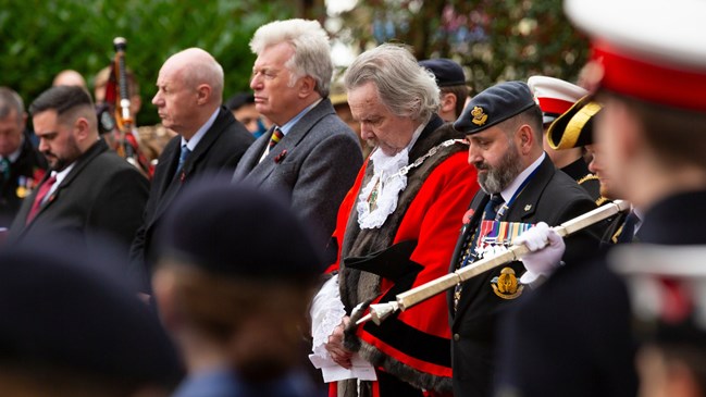 The Mayor of Ashford in attendance with local dignitaries at the Remembrance service in Memorial Gardens.