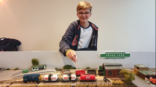 First time exhibitor Nathanial Lewis operates the layout he built with Finn Moloney