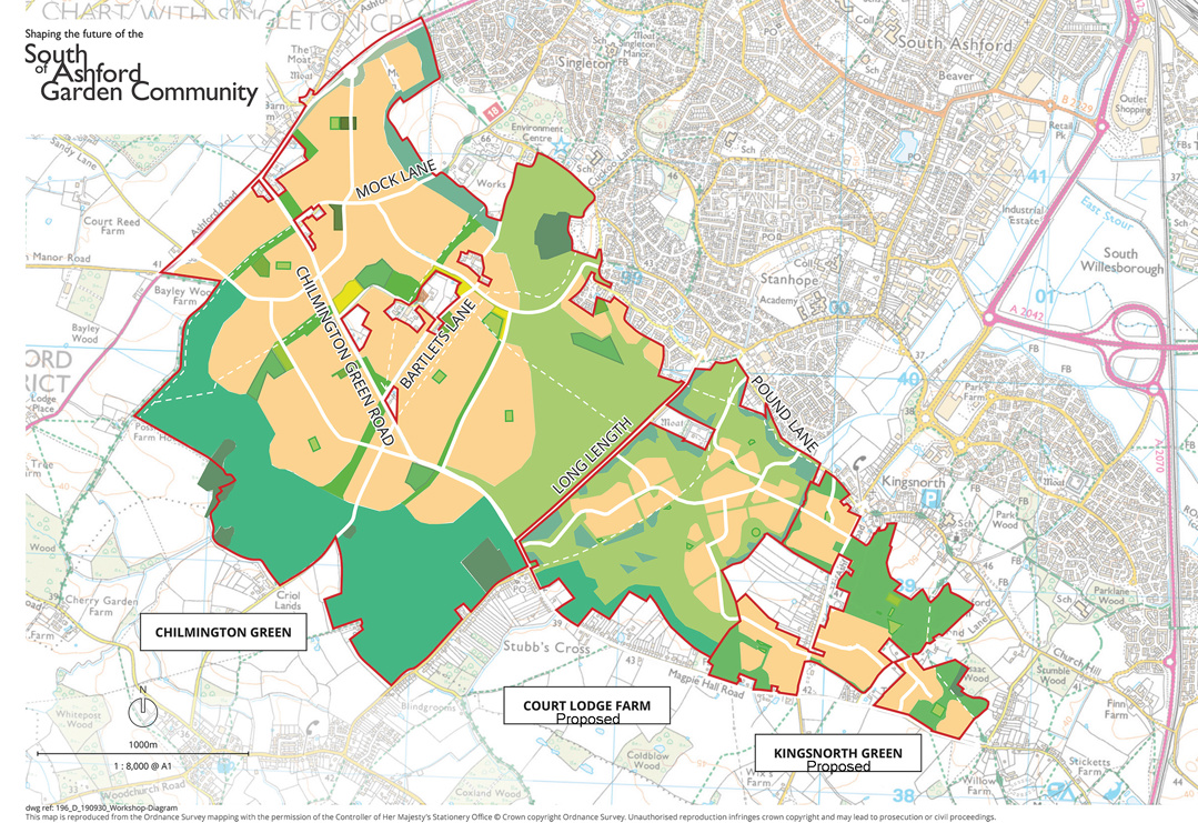 A map showing the proposed South of Ashford Garden Community development