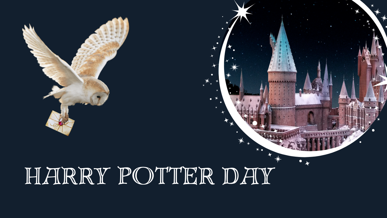 Owl flying through the sky holding letter alongside image of Hogwarts castle. 