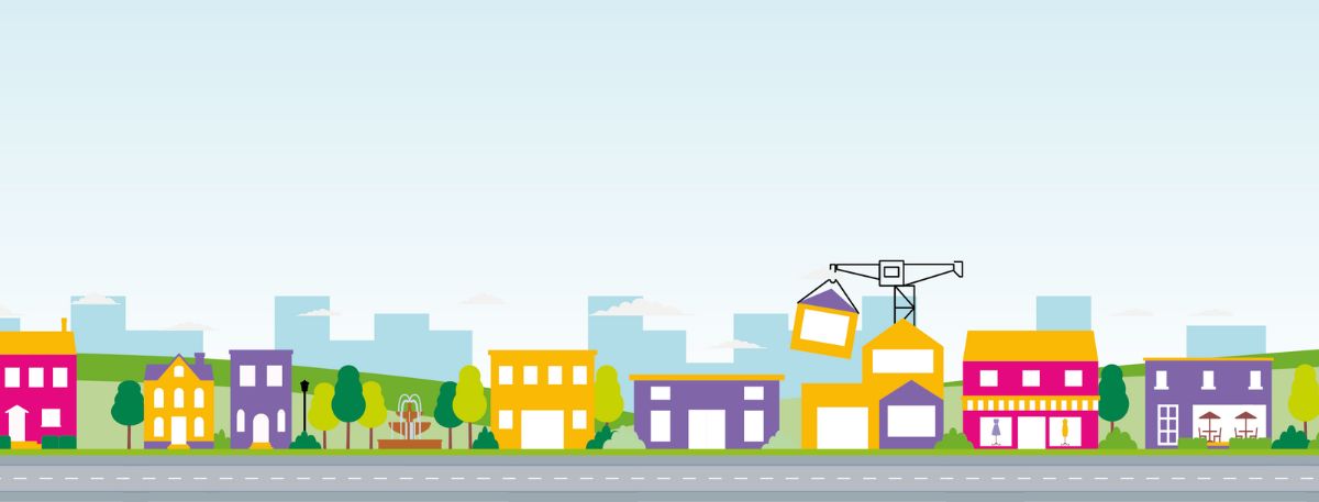 Graphic of buildings along a road