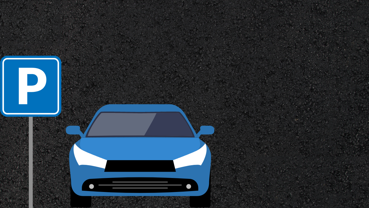 Black tarmac background with graphic of parking sign and blue car