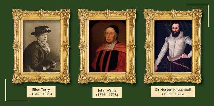 Banner image depicting Ellen Terry, Dr John Wallis and Sir Norton Knatchbul