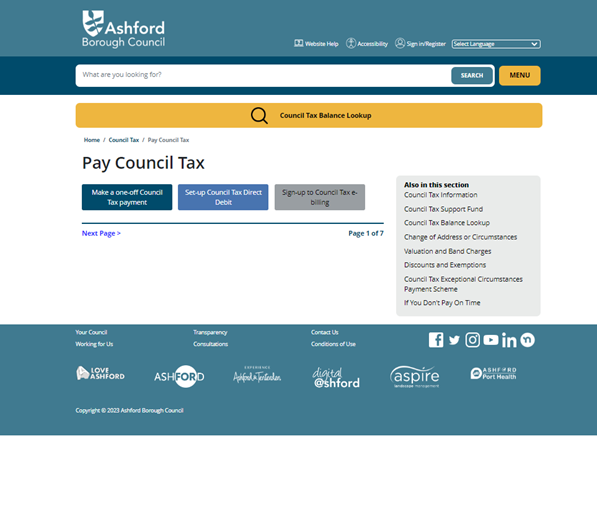 showing the pay council tax options on Ashford Borough Council website.