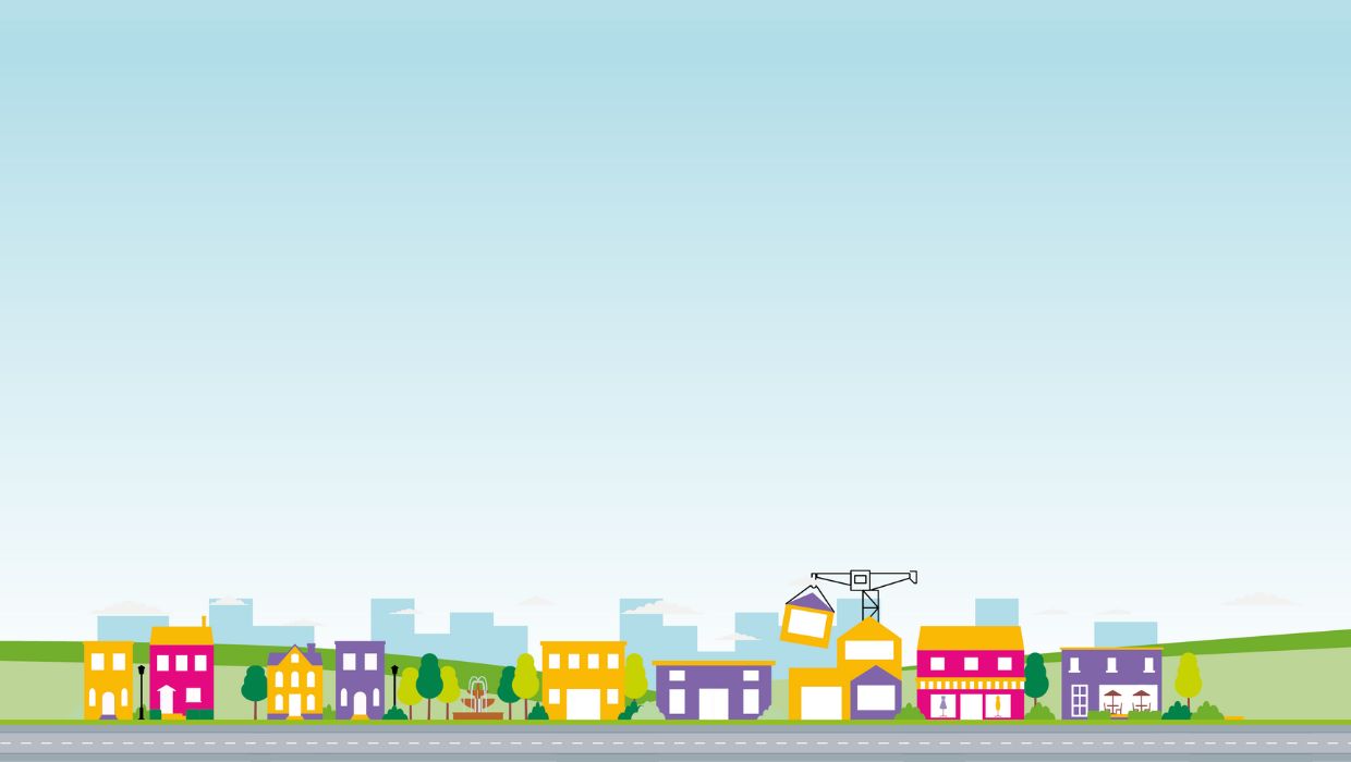 Graphic of buildings along a road