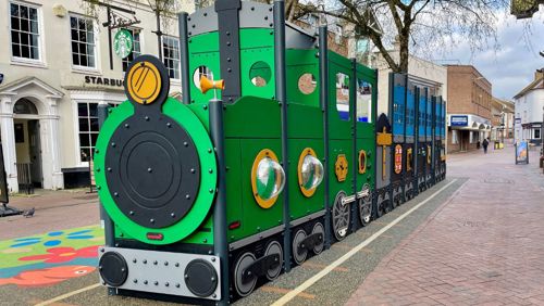 A picture of the Play Train in Ashford Town Centre - photo credit, Kompan