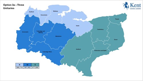 Map showing three unitary councils consisting of Dartford, Gravesham, Medway and Swale in the north; Sevenoaks, Tonbridge and Malling, Maidstone and Tunbridge Wells in the west and Ashford, Canterbury, Thanet, Dover and Folkestone and Hythe in the east.
