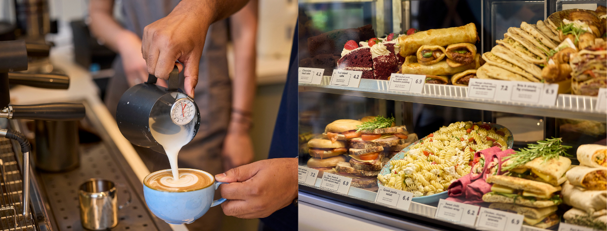 Someone making a coffee and a display of sandwiches and cakes 