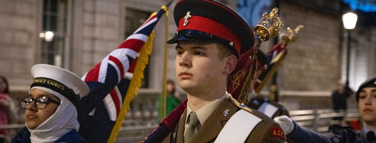 Cadet Regimental Sergeant Major (RSM) Josh Siggers, 18, from Ashford Tobruk Detachment, Kent Army Cadet Force carrying the banner of The Army Cadets during the Coronation of King Charles III.