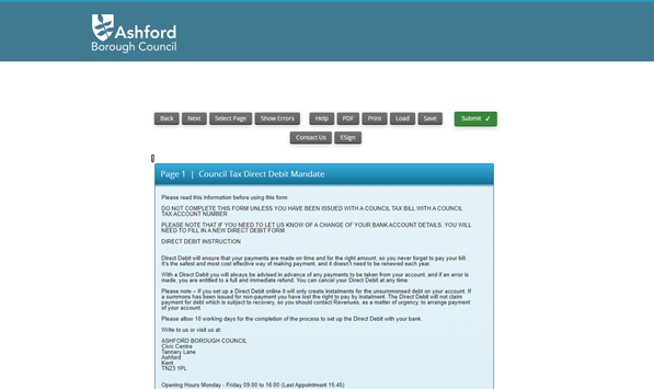 Ashford Borough Council Direct Debit form