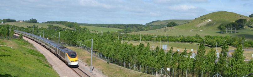 Eurostar train on the track through countryside