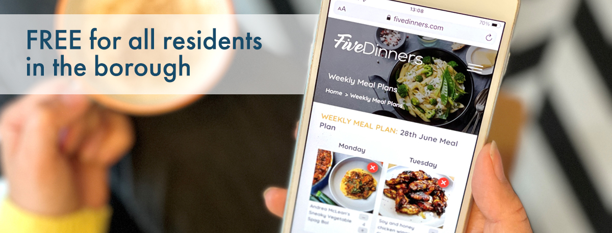 FiveDinners promotional graphic with text that reads 'Free for all residents in the borough'