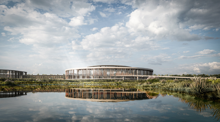 CGI showing the exterior view and lake of the Brompton HQ development in Ashford