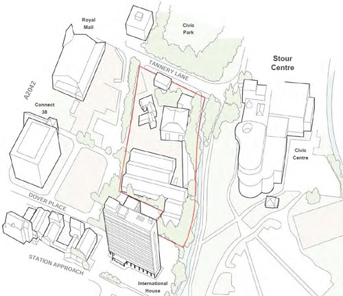 Illustration of site boundary with surrounding buildings. Photo credit On Architecture