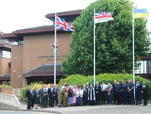 Raising of the flag ceremony to launch Armed Forces Week on Monday 20 June. The Mayor of Ashford Cllr Jenny Webb in attendance with other dignitaries.