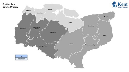Map showing KCC's intention to explore the case for a single unitary council covering Kent and Medway supplemented with three area committees covering the north, east and west of the county.