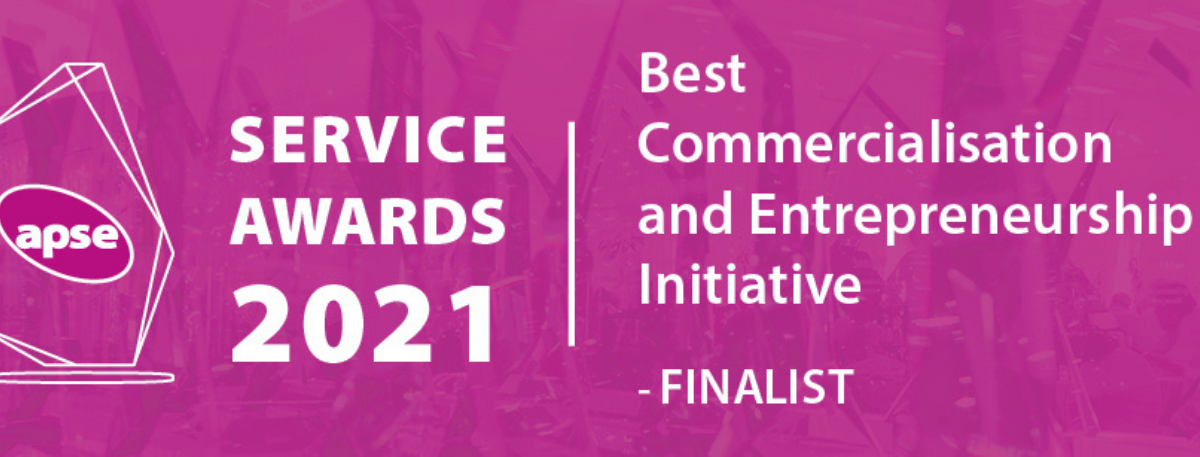 APSE Service Award 2021 banner that reads: Best commercialisation and entrepreneurship initiative finalist